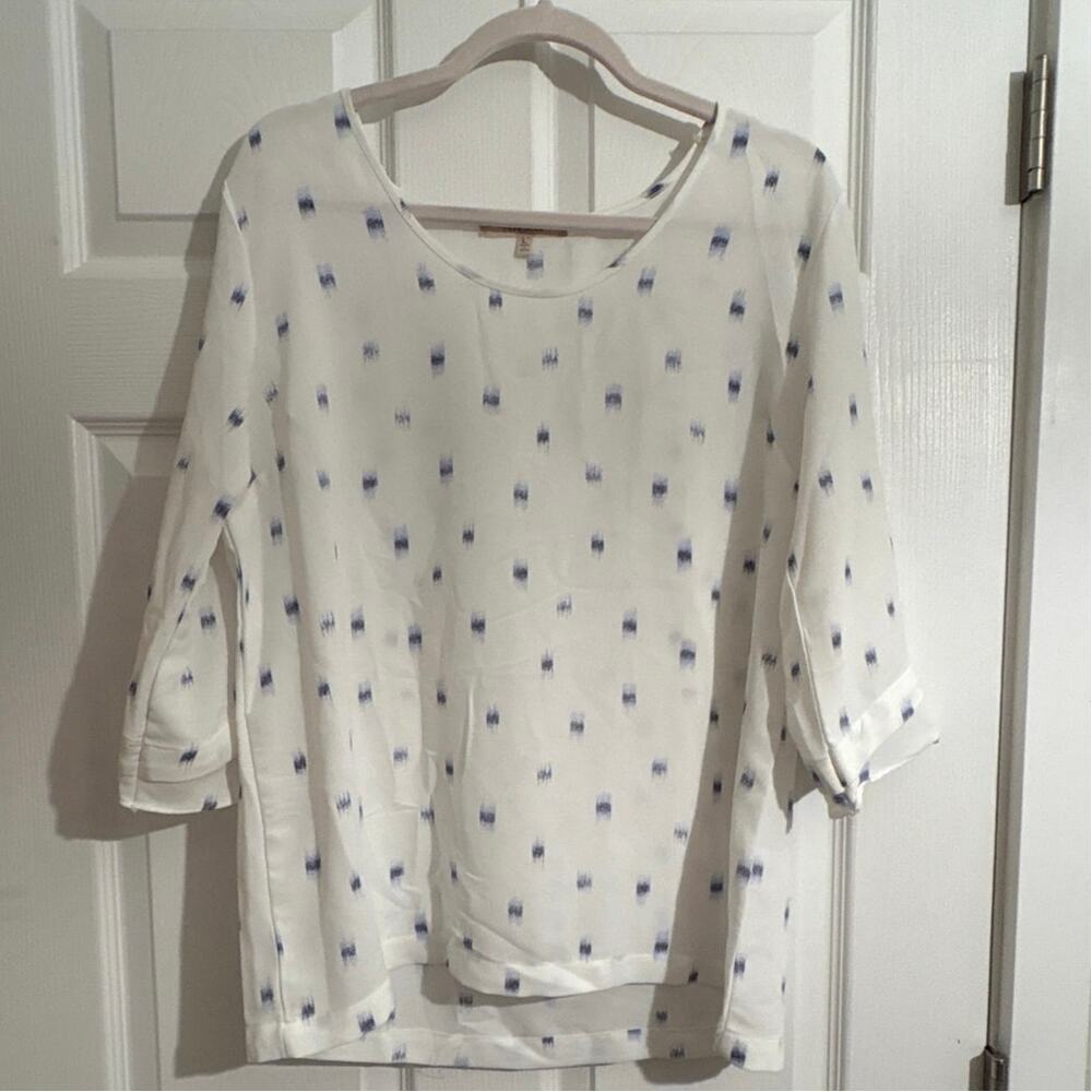 41 Hawthorn 3/4 Sleeve Blouse Cream Blue Brushstroke Design Large Stitch Fix